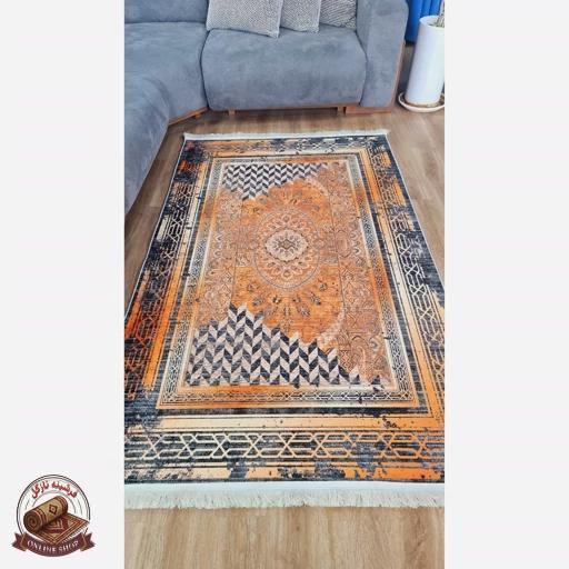 فرش وینتیج مخمل نارنجی مشکی h482 استُپ دار ( ضد سُر )