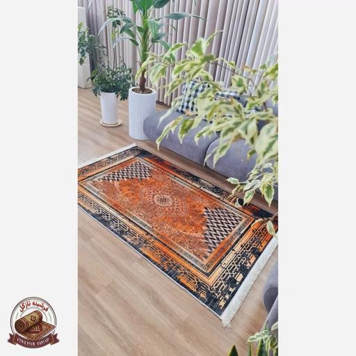 فرش وینتیج مخمل نارنجی مشکی h482 استُپ دار ( ضد سُر )