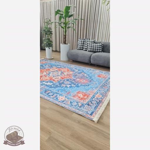 فرشینه آبی نارنجی مدرن جنس مخمل تُرک استُپ دار ابعاد دلخواه