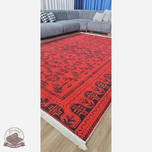 فرشینه قرمز مشکی u452 با طرح سنتی و هندسی، بافت مخملی مدرن استپدار، قابل سفارش در ابعاد دلخواه