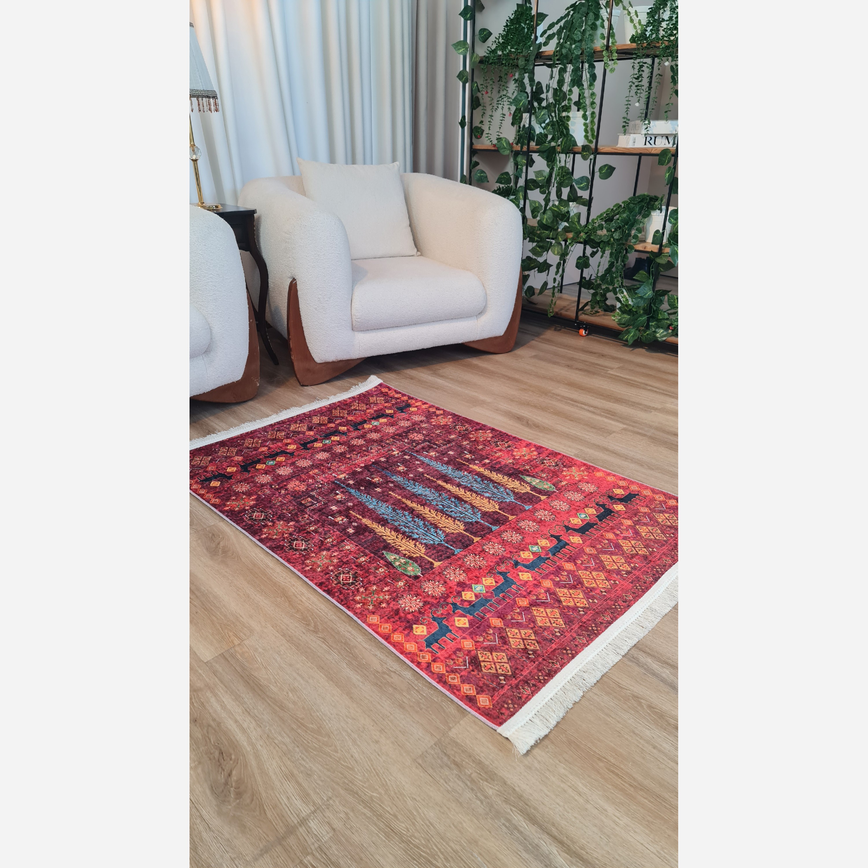 فرشینه قرمز طرح درخت مخمل تُرک ضدلغزش (ابعاد دلخواه) L293 (پس کرایه)