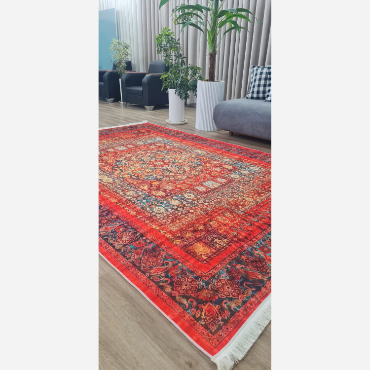 فرش قرمز لاکی روشن جنس مخمل زیره استُپ دار( ابعاد سفارشی) (پس کرایه)