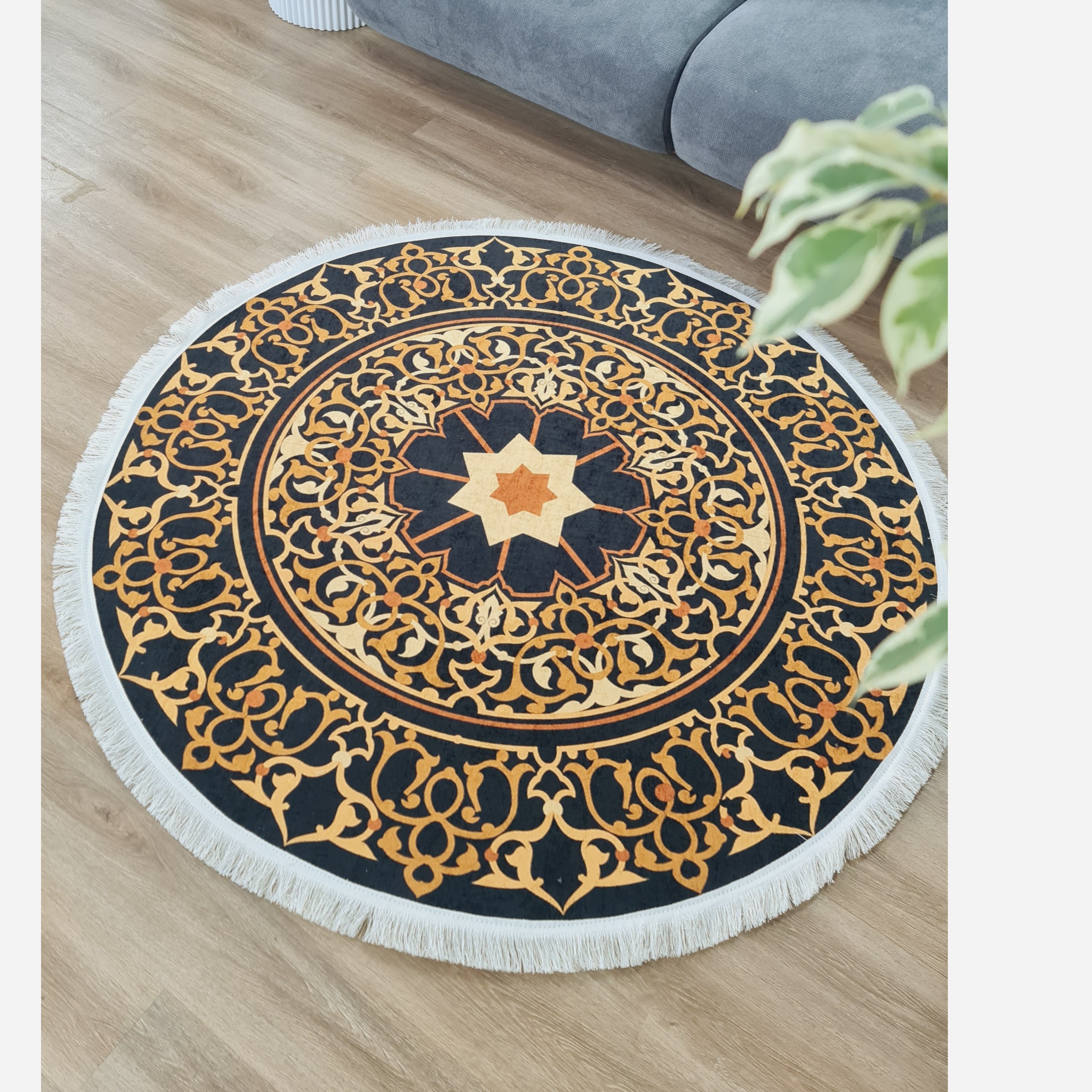 فرشینه گرد مخمل مشکی طلایی مدرن استُپ دار (ابعاد سفارشی)  (پس کرایه)