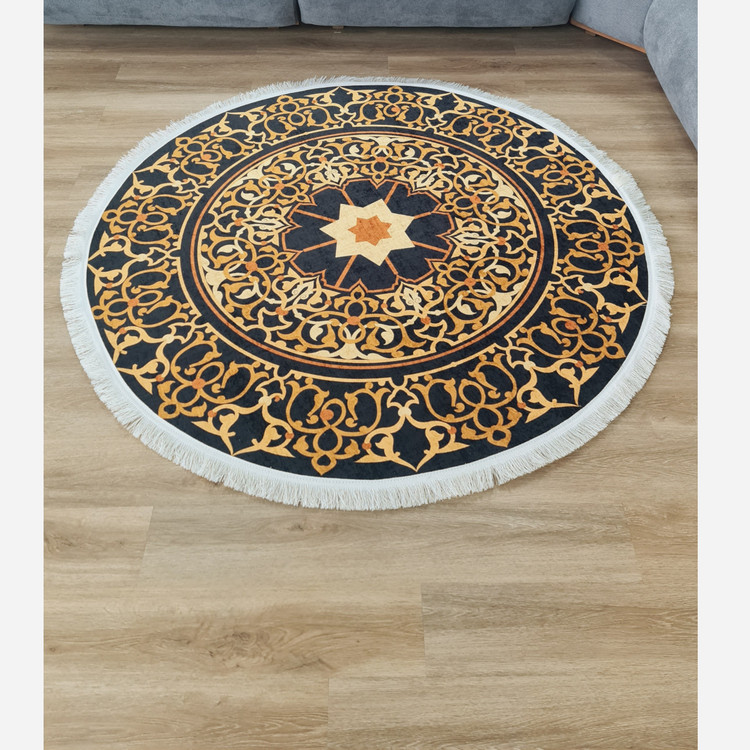فرشینه گرد مخمل مشکی طلایی مدرن استُپ دار (ابعاد سفارشی) (پس کرایه)