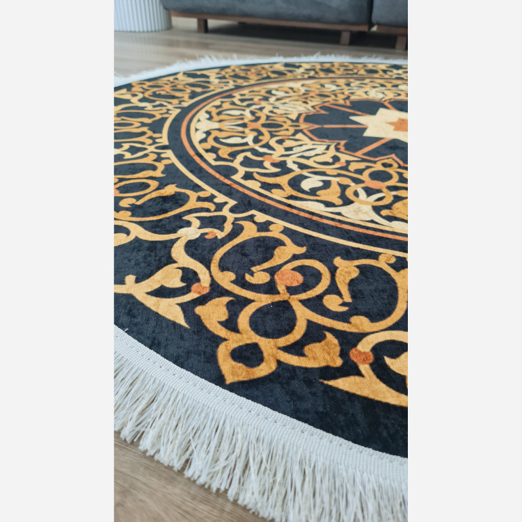 فرشینه گرد مخمل مشکی طلایی مدرن استُپ دار (ابعاد سفارشی) (پس کرایه)