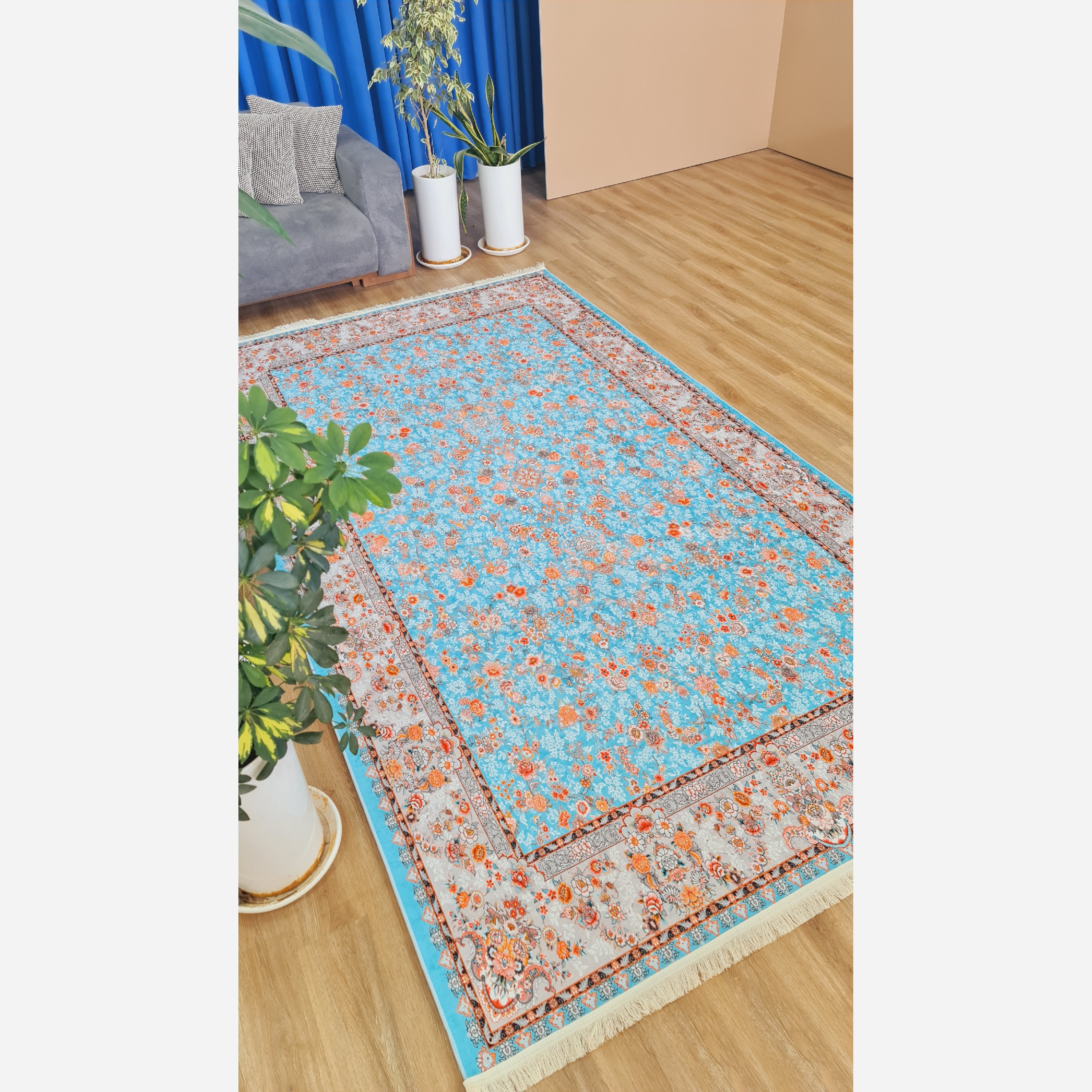 فرش مخمل آبی طرح ابریشمی استُپ دار (ابعاد سفارشی)  (پس کرایه)
