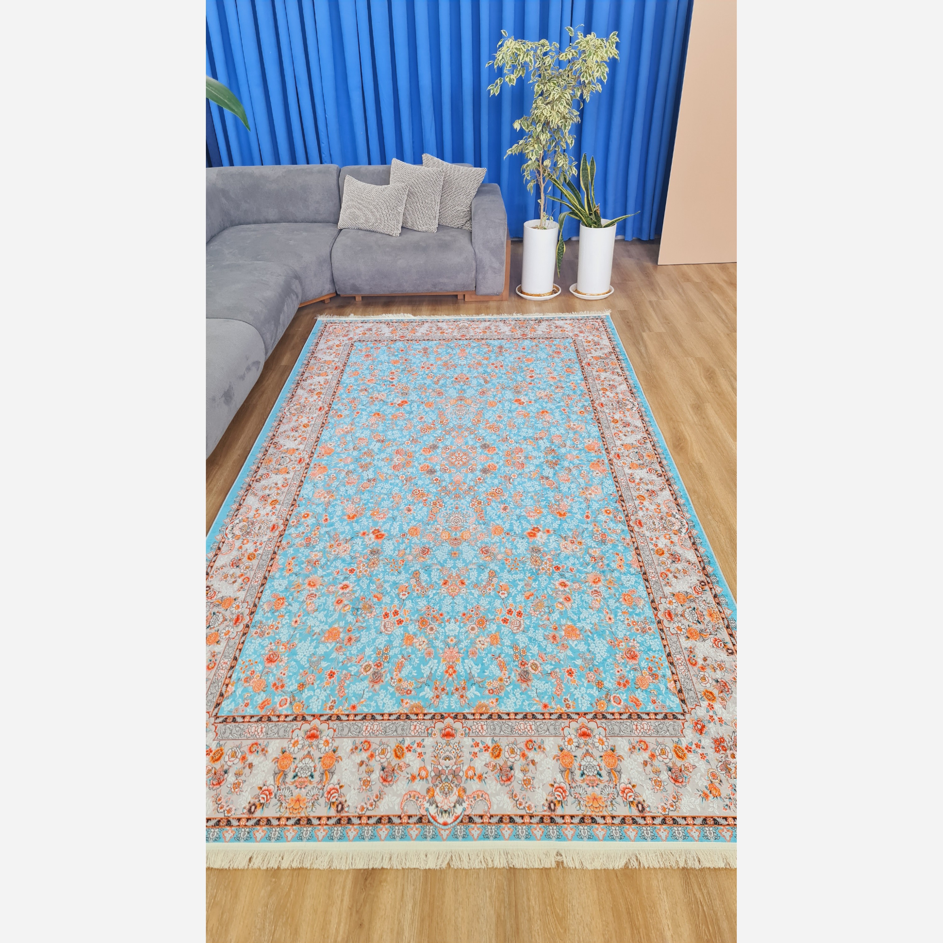 فرش مخمل آبی طرح ابریشمی استُپ دار (ابعاد سفارشی) (پس کرایه)