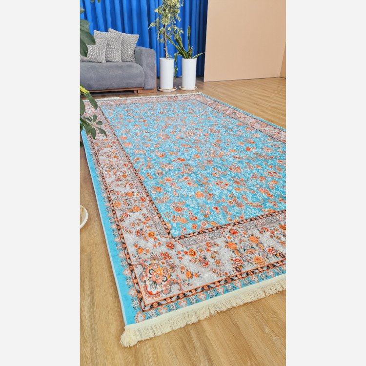 فرش مخمل آبی طرح ابریشمی استُپ دار (ابعاد سفارشی) (پس کرایه)