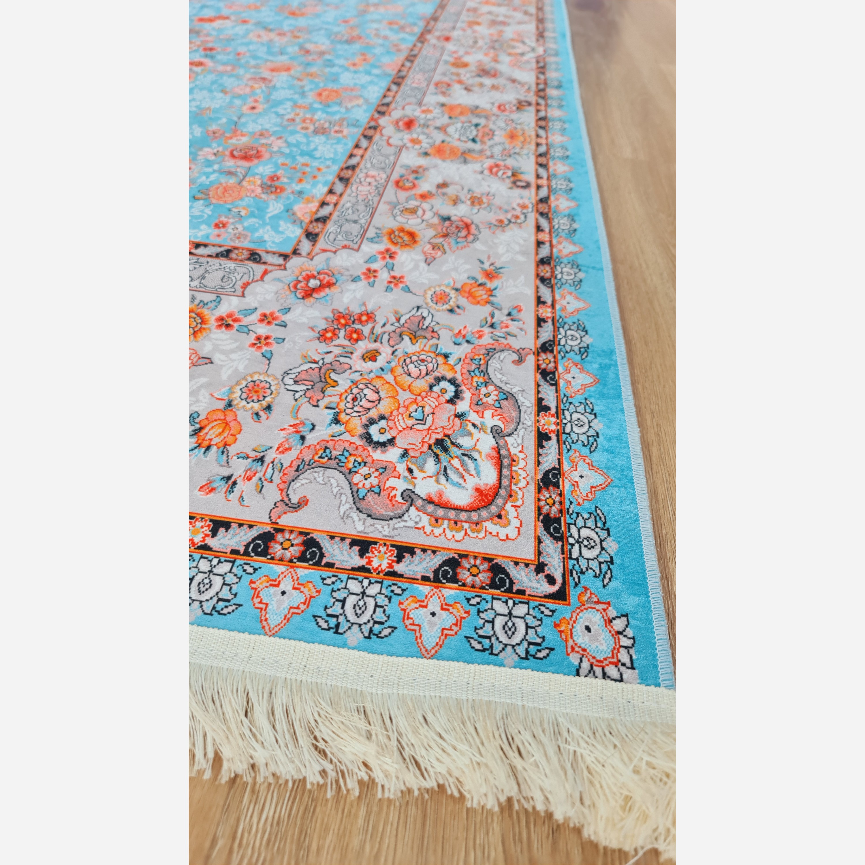 فرش مخمل آبی طرح ابریشمی استُپ دار (ابعاد سفارشی) (پس کرایه)