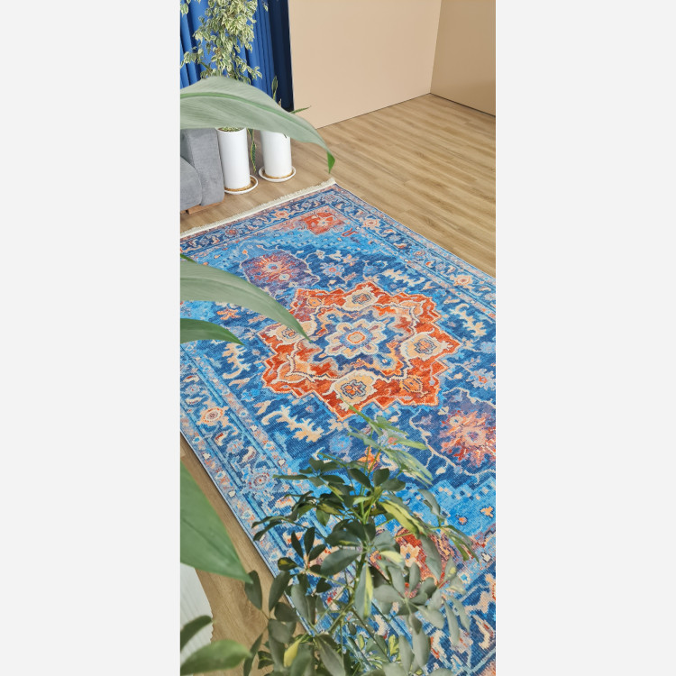 فرش آبی نارنجی مدرن جنس مخمل تُرک استُپ دار ابعاد سفارشی (پس کرایه)