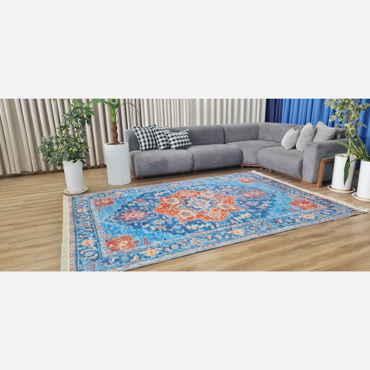 فرش آبی نارنجی مدرن جنس مخمل تُرک استُپ دار ابعاد سفارشی (پس کرایه)