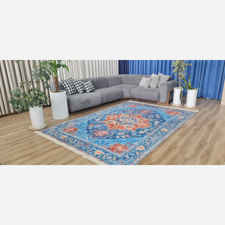 فرش آبی نارنجی مدرن جنس مخمل تُرک استُپ دار ابعاد سفارشی (پس کرایه)