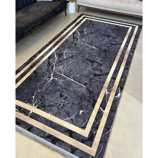 فرش مشکی طلایی مخمل مدرن طرح سنگ h410 استُپ دار(ابعاد دلخواه)(پس کرایه)