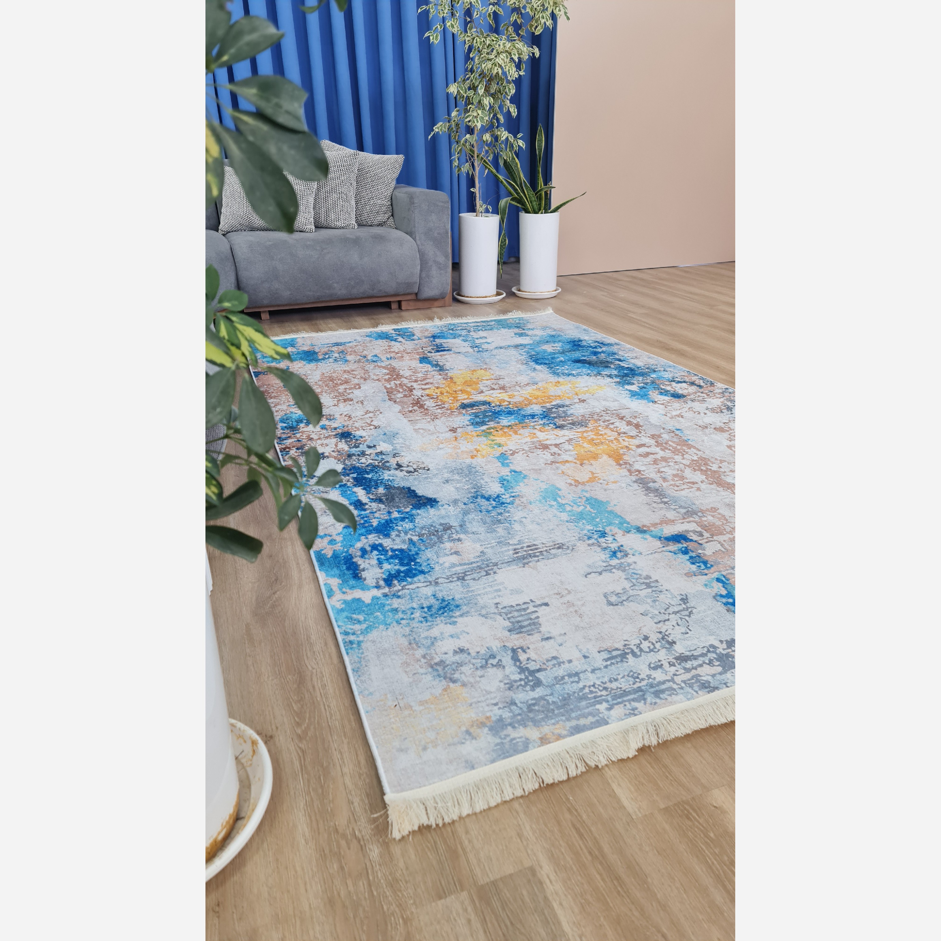 فرشینه مخمل مدرن آبی طلایی استُپ دار (ارسال رایگان)