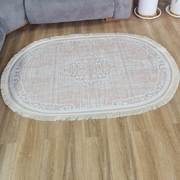 فرشینه بیضی مخمل کرم کم رنگ استُپ دار (اصلا سُر نمیخوره) b26 (پس کرایه)