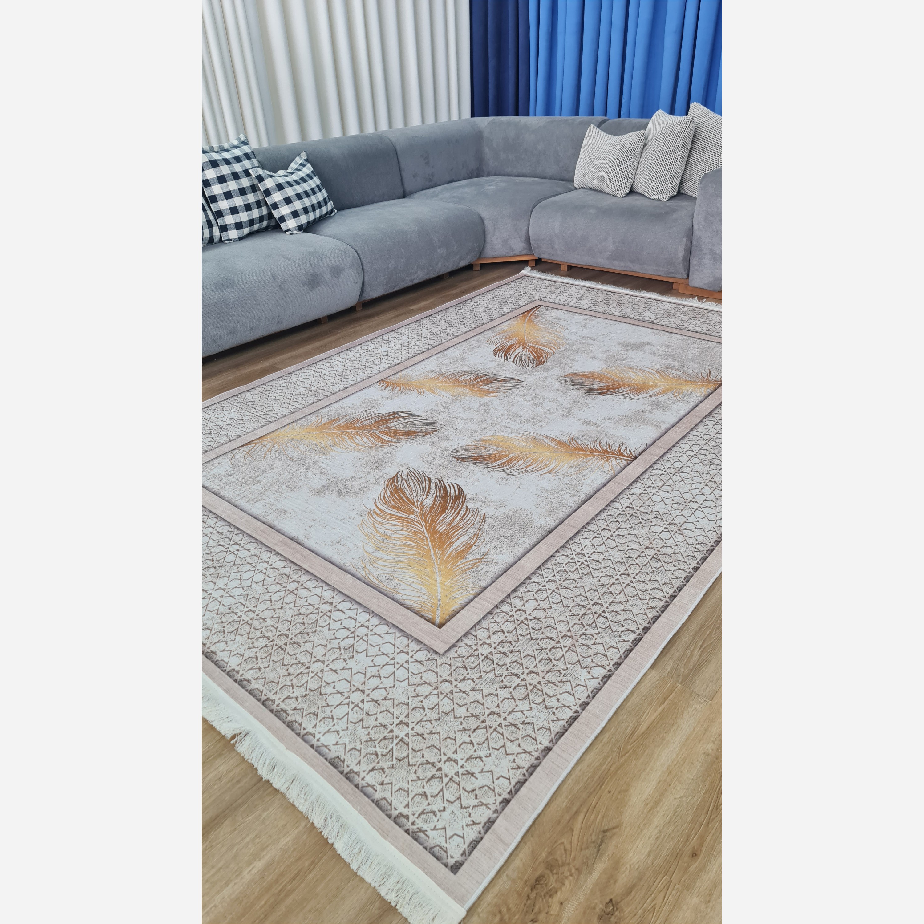 فرشینه مخمل مدرن طرح پَر طلایی استُپ دار (ابعاد سفارشی) h406 (پس کرایه)