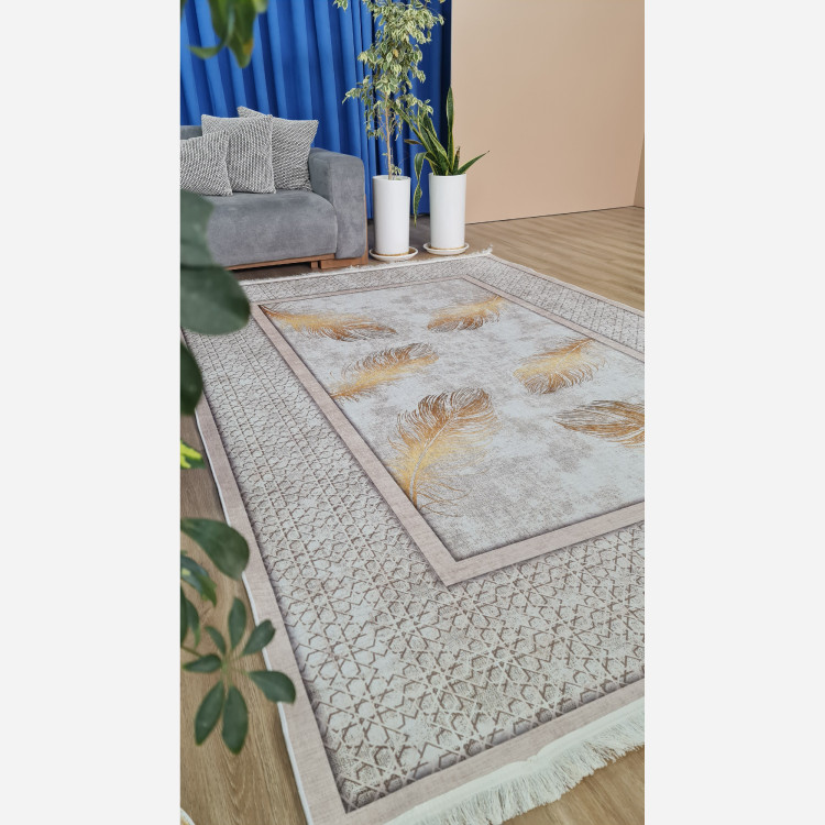 فرشینه مخمل مدرن طرح پَر طلایی استُپ دار (ابعاد سفارشی) h406 (پس کرایه)
