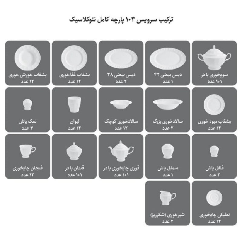 سرویس چینی زرین 12 نفره 103 پارچه گلد استون درجه یک