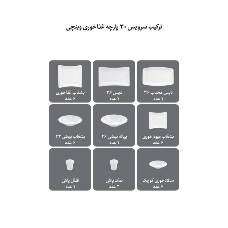 سرویس غذاخوری چینی زرین 6 نفره 30 پارچه ریوا طلایی درجه عالی