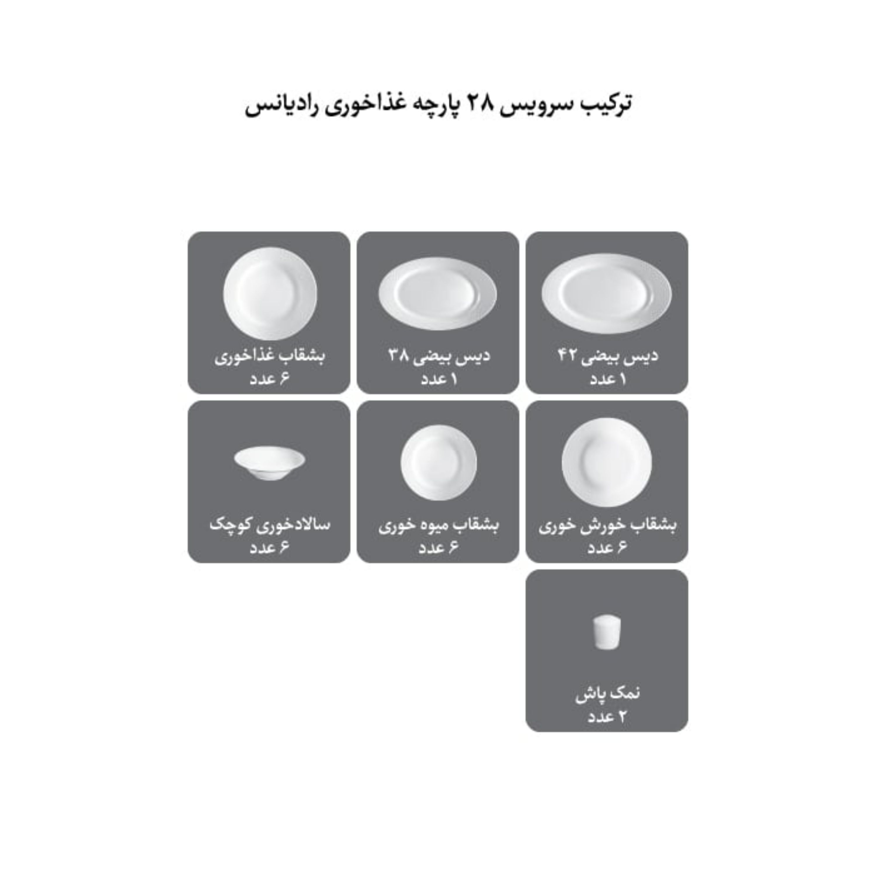 سرویس غذاخوری چینی زرین 6 نفره 28 پارچه کلودیا قالب رادیانس درجه عالی