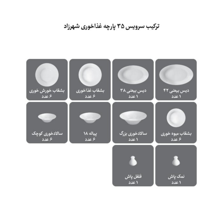سرویس غذاخوری چینی زرین 6 نفره 35 پارچه وایت رز درجه عالی