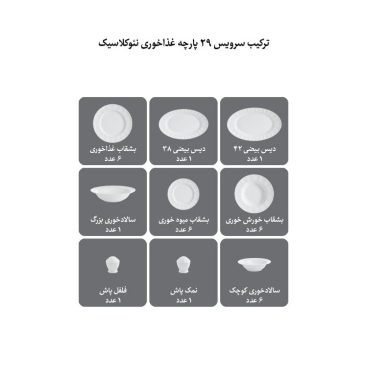 سرویس غذاخوری چینی زرین 6 نفره 29 پارچه فرانسیس سرمه ای درجه یک