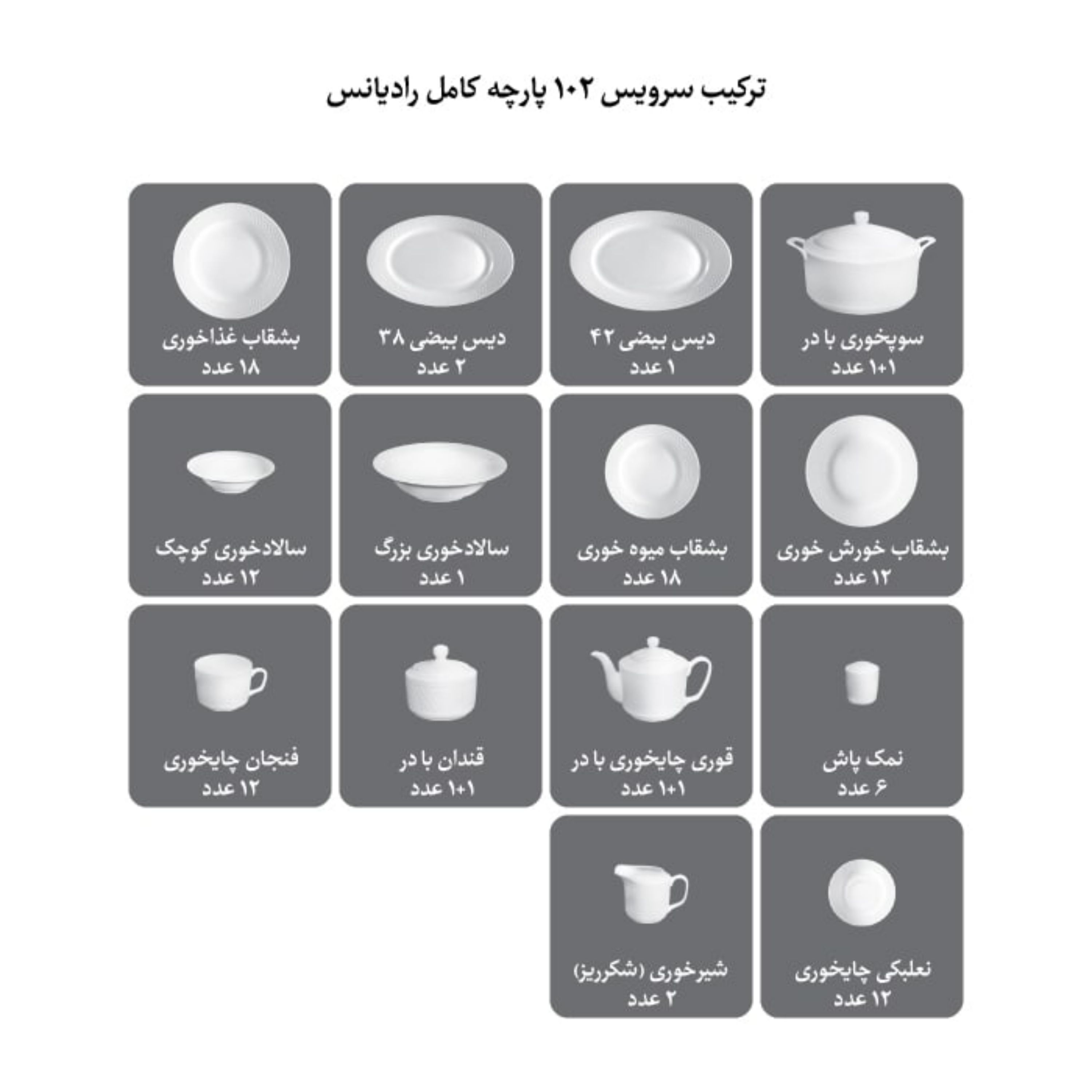 سرویس چینی زرین 12 نفره 102 پارچه کلودیا قالب رادیانس درجه عالی