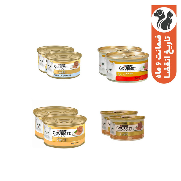 کنسرو غذای گربه بالغ گورمت مدل Gold Pate بافت پته با طعم ماهی، بوقلمون، گوشت گاو و جگر بسته 8 عددی