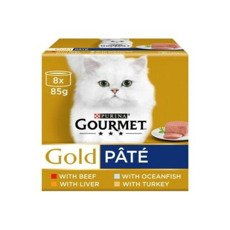 کنسرو غذای گربه بالغ گورمت مدل Gold Pate بافت پته با طعم ماهی، بوقلمون، گوشت گاو و جگر بسته 8 عددی