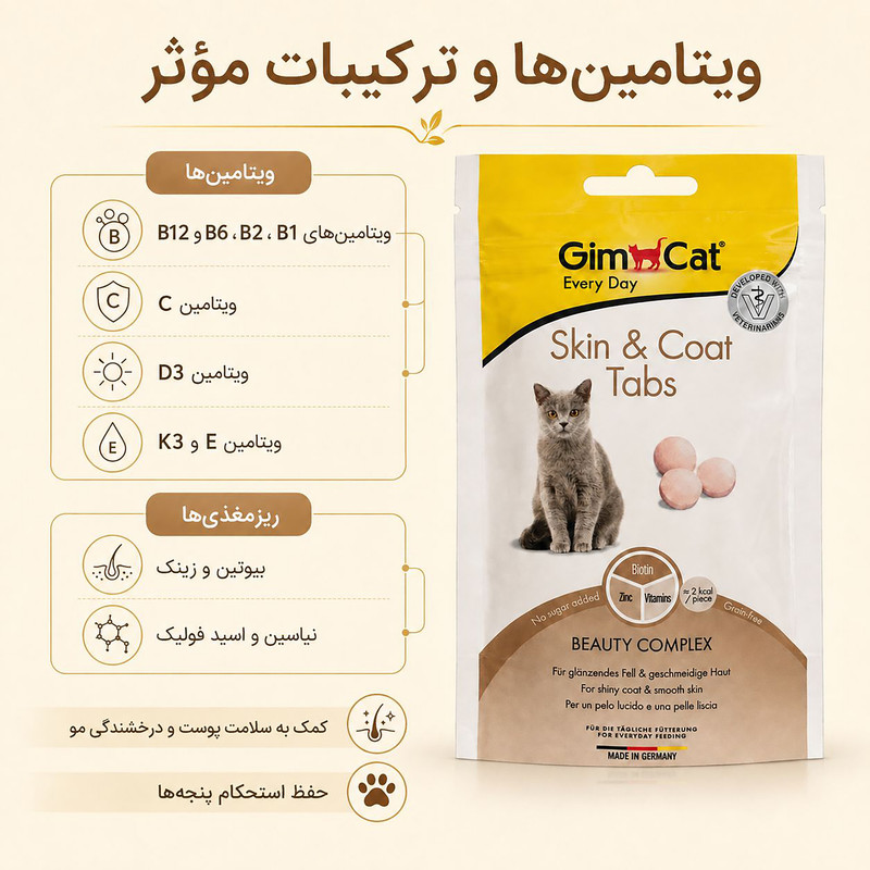 قرص مکمل گربه جیم کت مدل تقویت پوست و مو وزن 40 گرم
