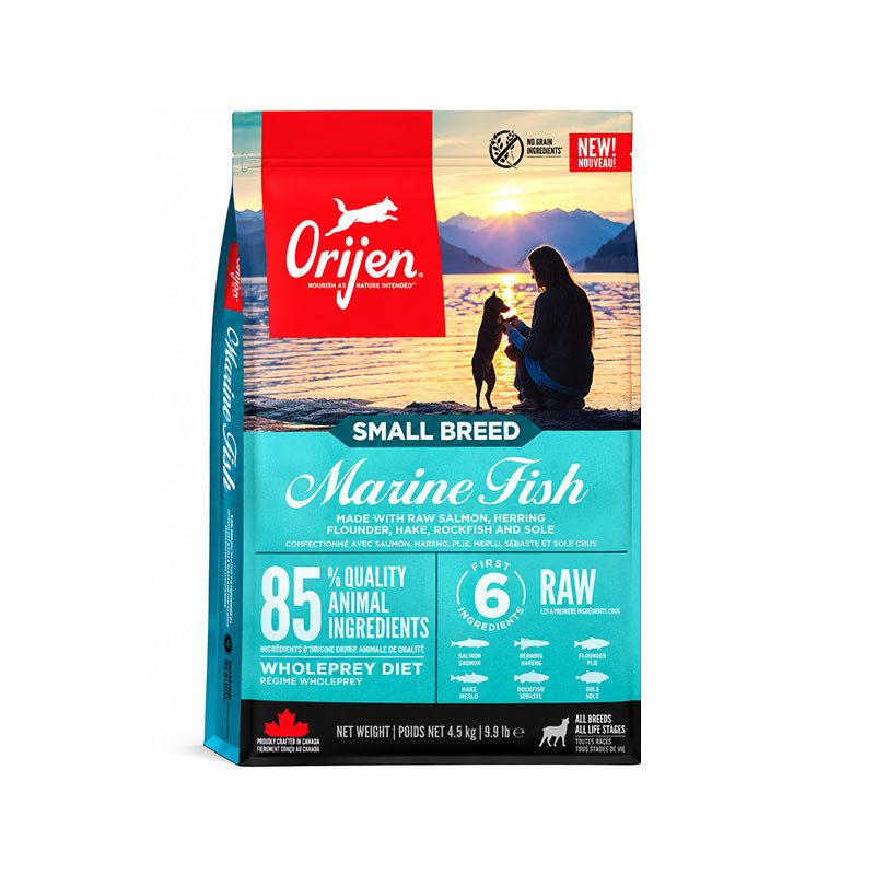 غذای خشک سگ بالغ اوریجن مدل Adult Small Breed Marine Fish با طعم شش ماهی 1.8 کیلوگرم