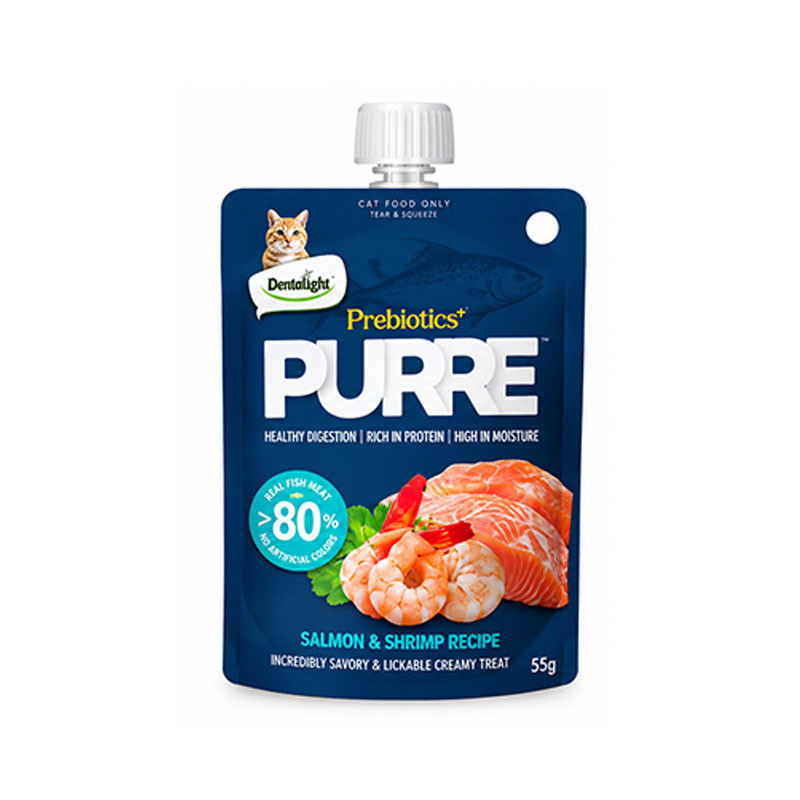 پودینگ گربه بالغ دنتالایت مدل PURE Prebiotics با طعم ماهی سالمون و میگو 55 گرم