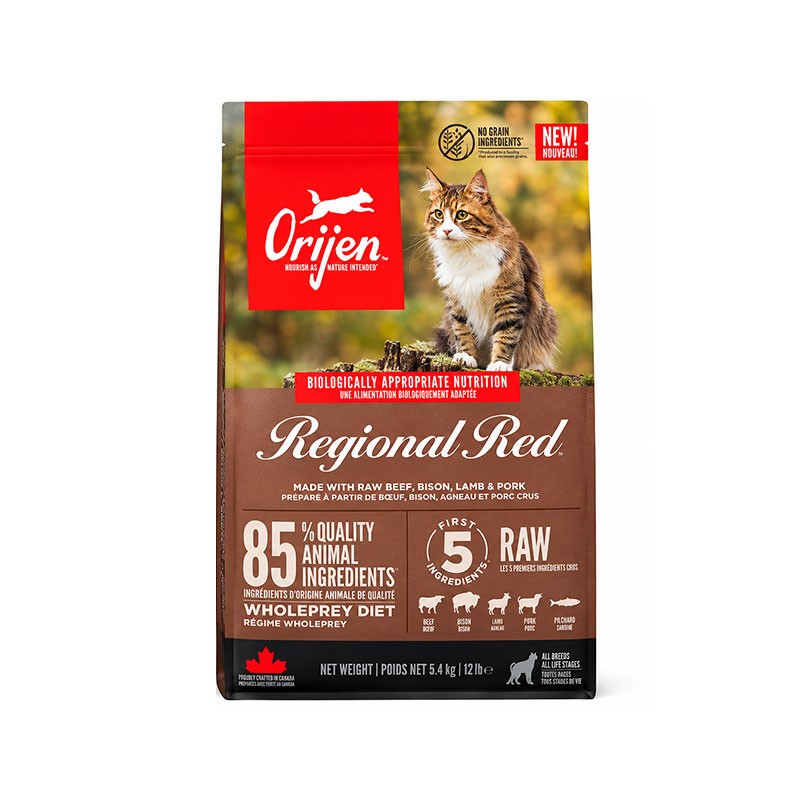 غذای خشک گربه اوریجن مدل Adult Regional Red با طعم گوشت گاو، ساردین، گراز وحشی، بایسون، بره، خوک وزن 340 گرم