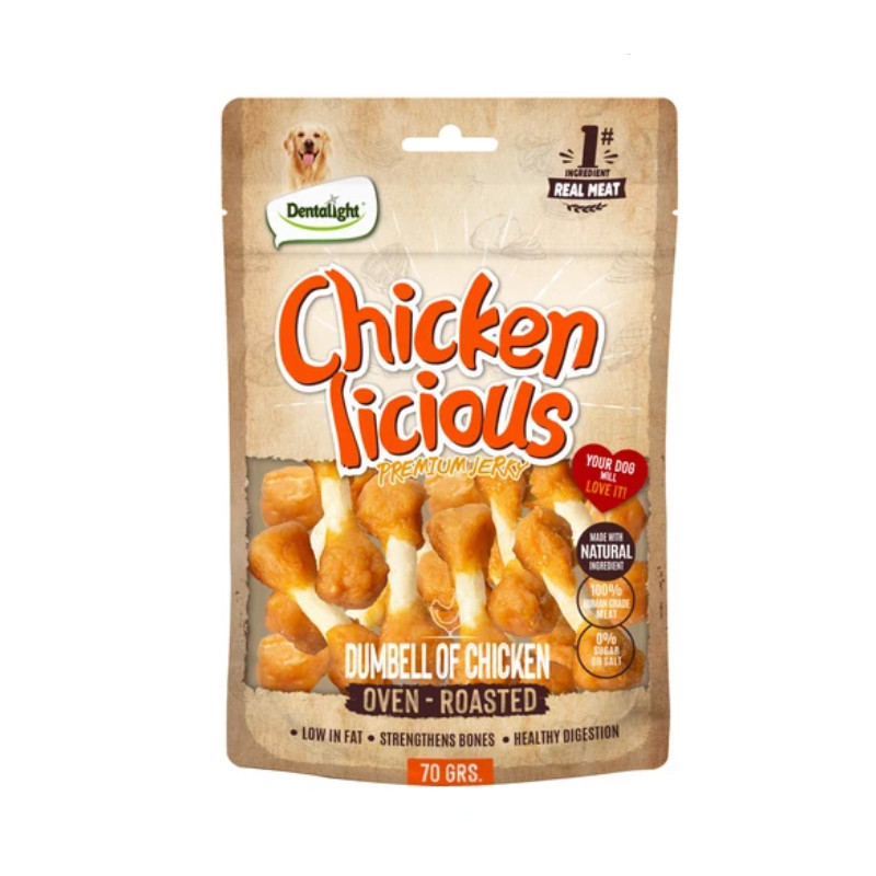 تشویقی جویدنی دمبلی سگ دنتالایت مدل Chickenlicious Dumbbell طعم مرغ وزن ۷۰ گرم