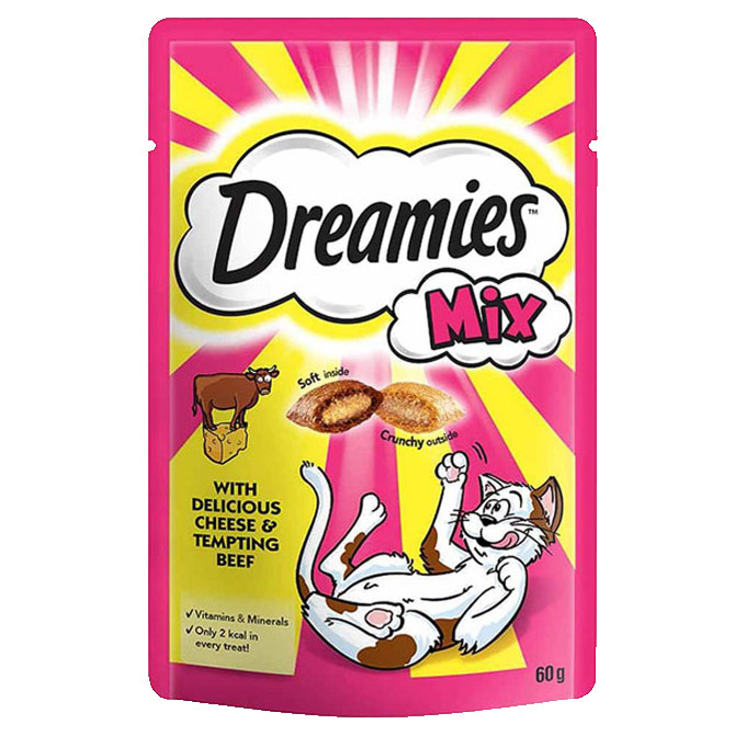 غذای تشویقی گربه دریمز مدل Dreamies Snack With Beef and Chese وزن 60 گرم بسته 3 عددی