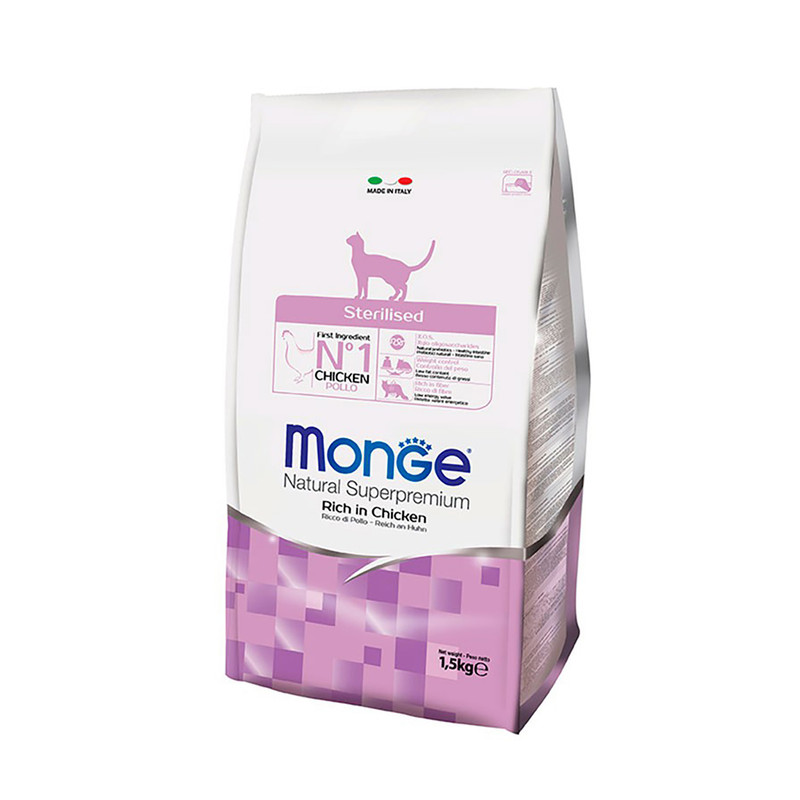غذای خشک گربه بالغ عقیم شده مونژه مدل Monge Sterilised با طعم مرغ وزن 1.5 کیلوگرم